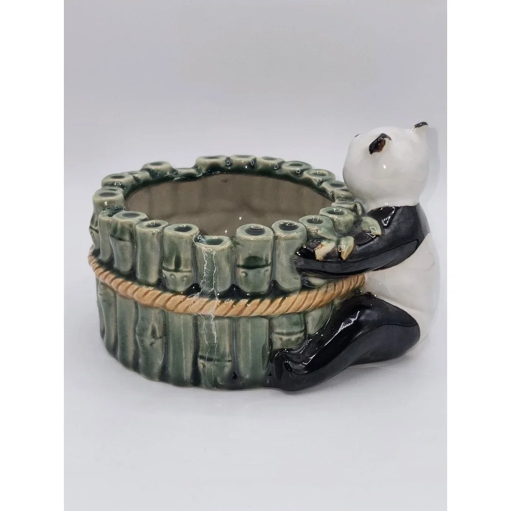 Vintage Panda Bamboo Planter Ceramic Cachepot Jungle Animal Pot Holder